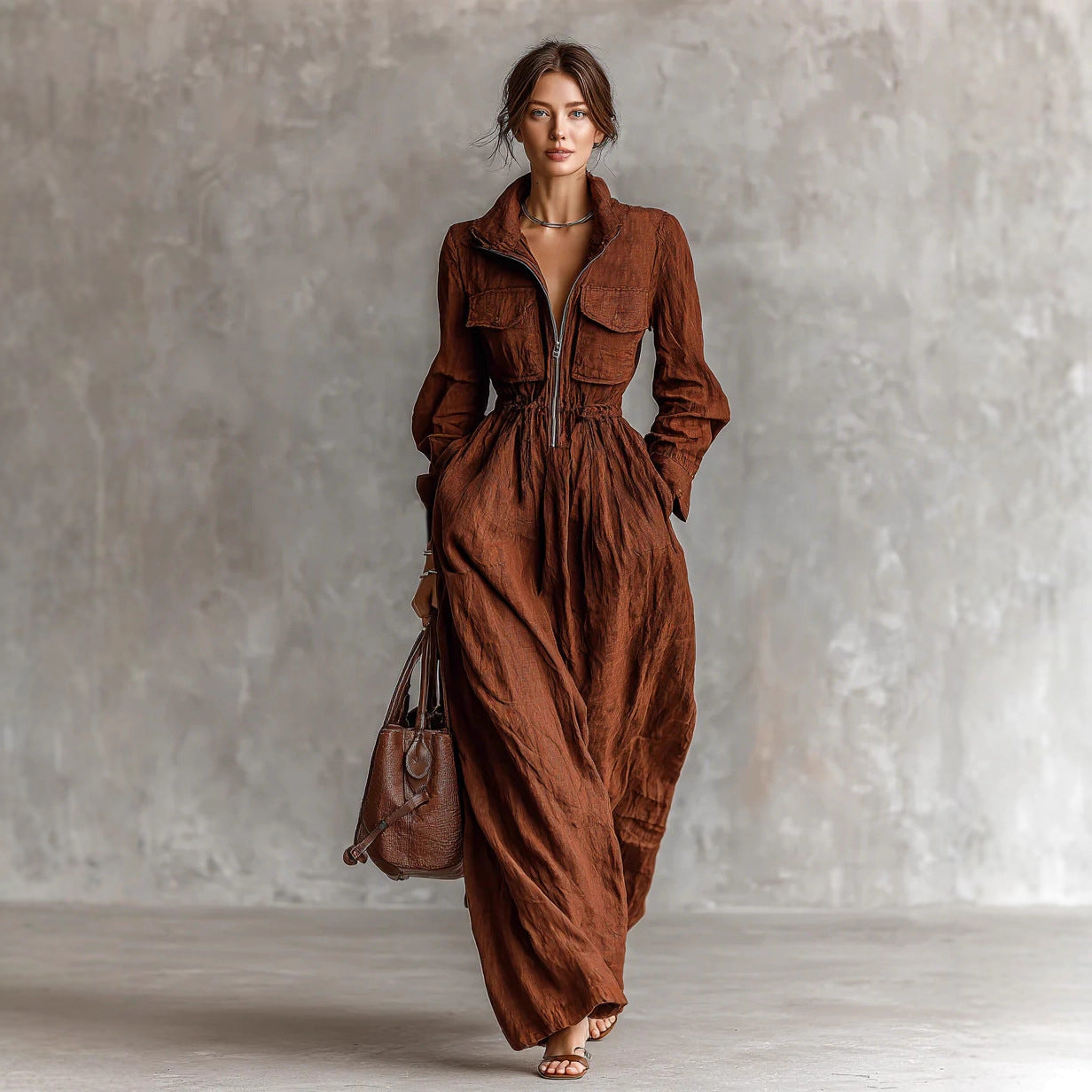 Women's Zip-Up Lapel Long Dress