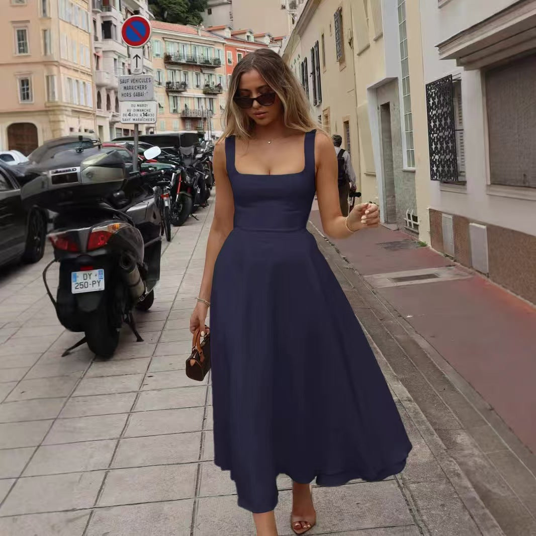 Elegant Thick Strap Square Neck Long Dress