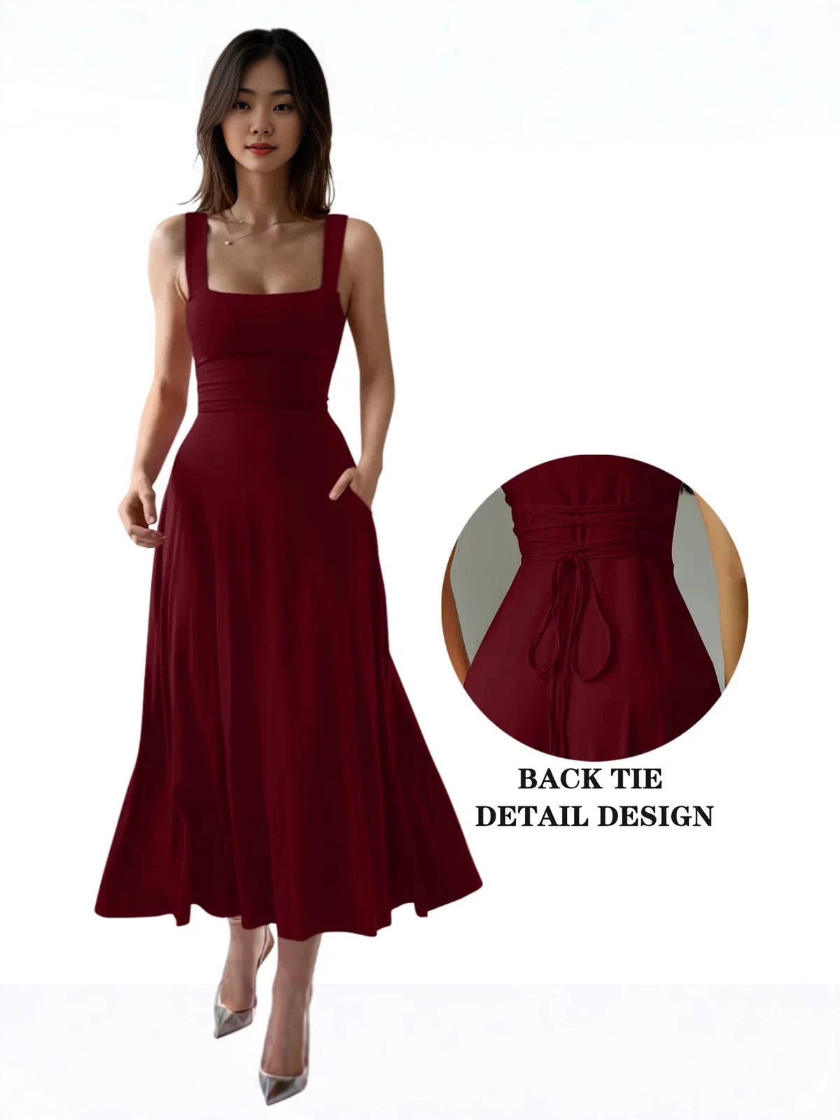 Elegant Thick Strap Square Neck Long Dress