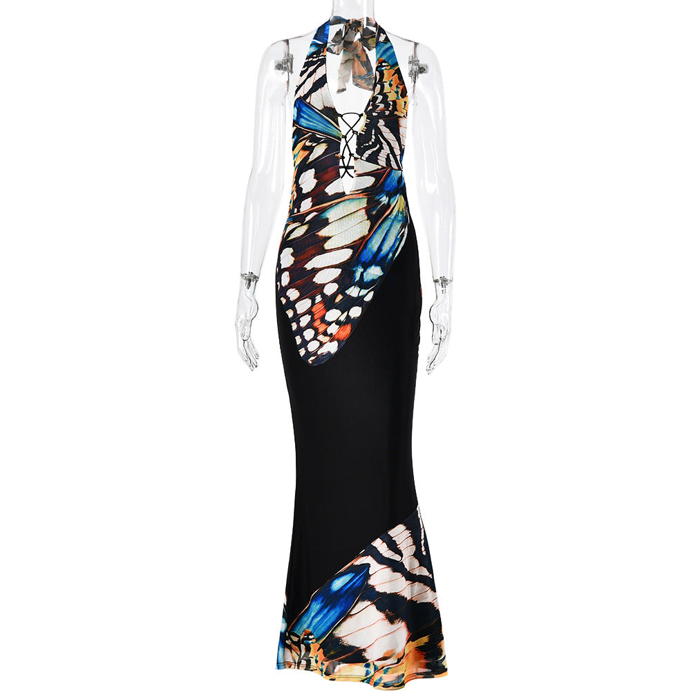Butterfly Print Backless Mermaid Dress