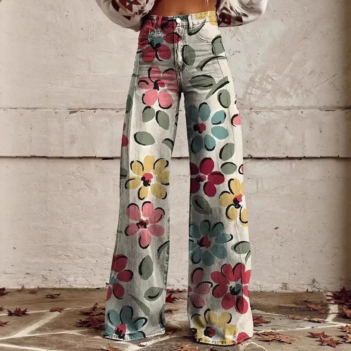 Women's 3D Printed Faux Denim Wide-Leg Pants