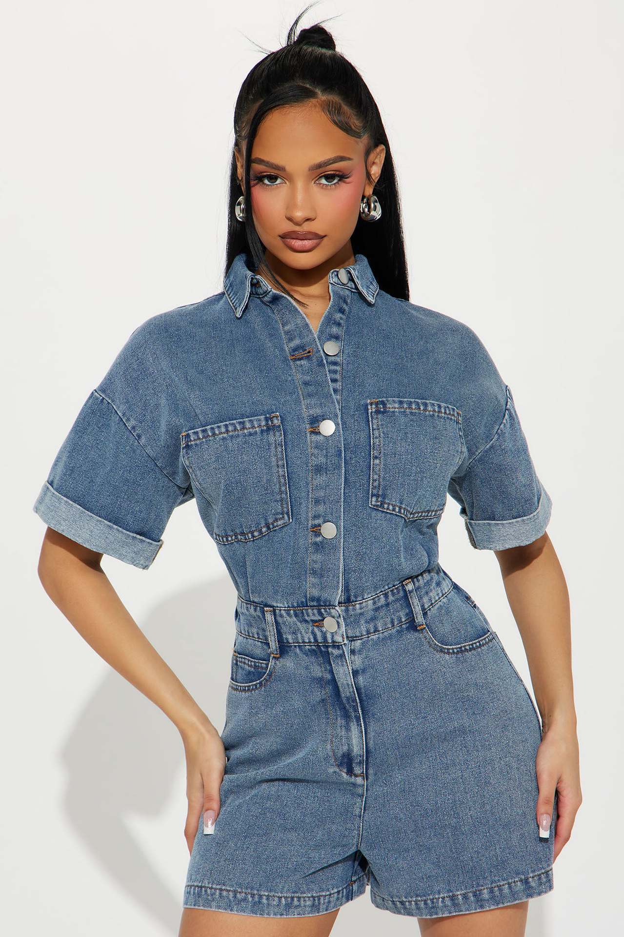 Women's Denim Jumpsuit with Stretch Waist
