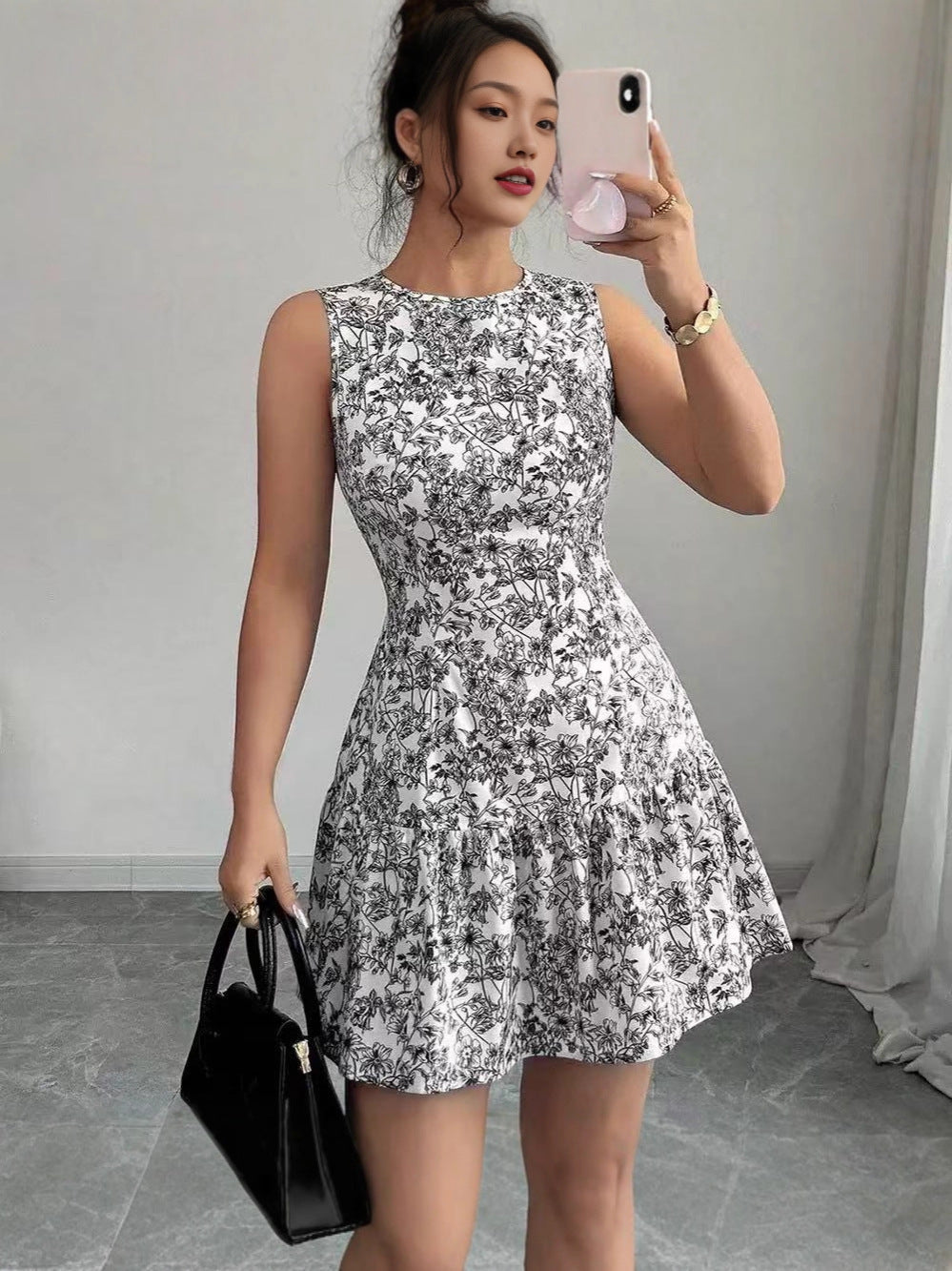 Floral Print Sleeveless Cake Skirt Dress
