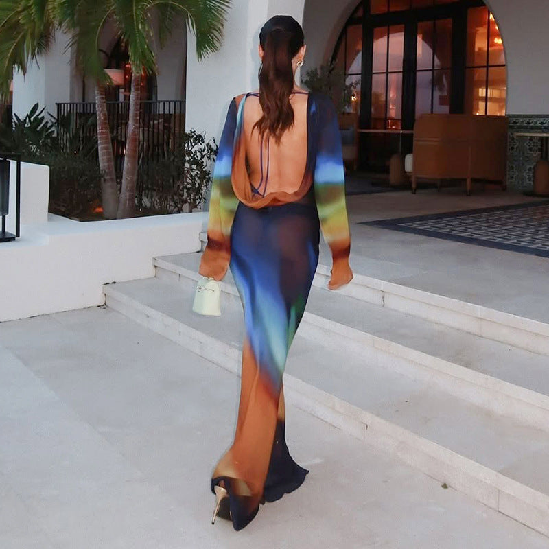 Tie-Dye Mesh Long Sleeve Backless Dress