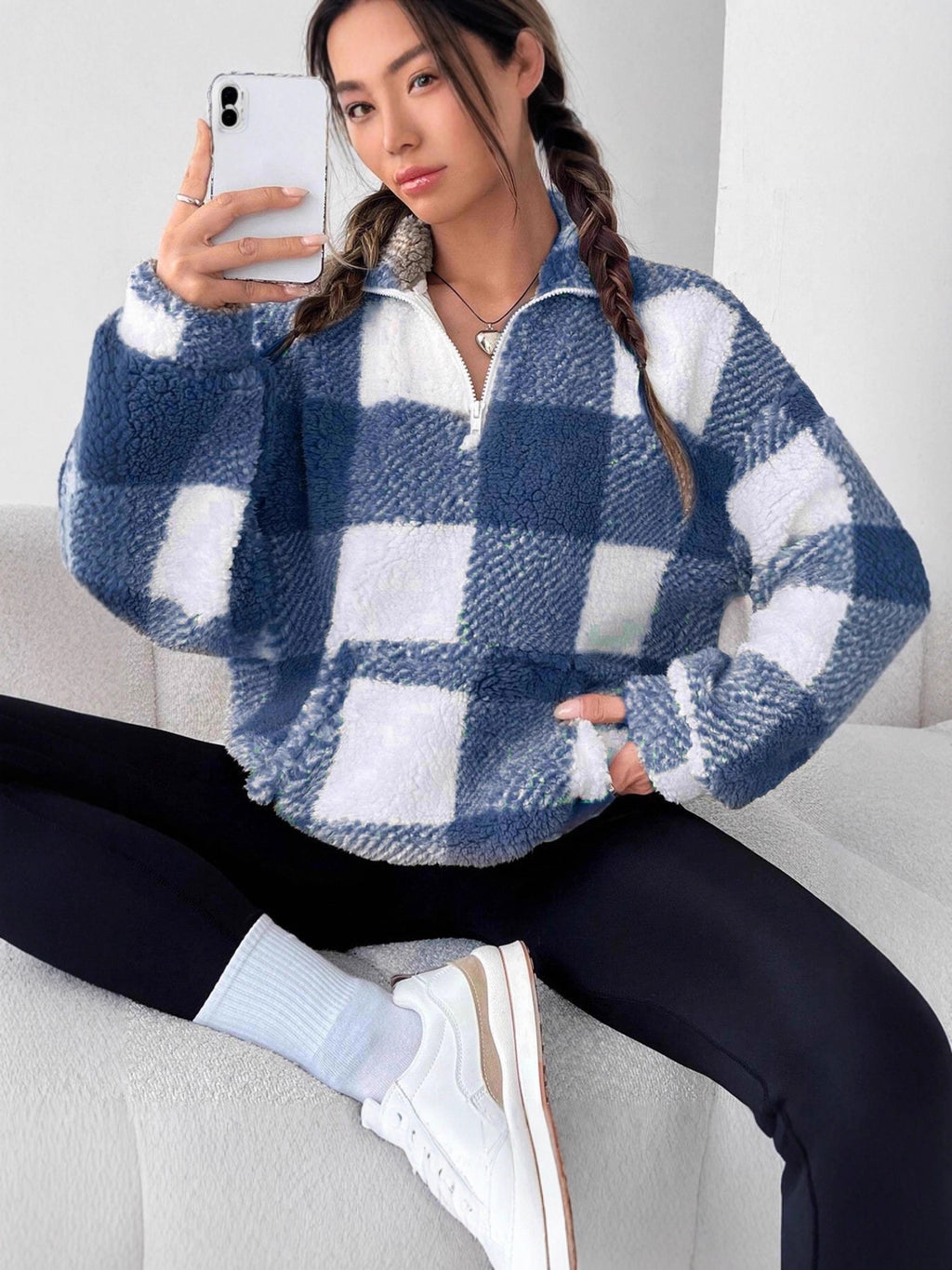 Plaid Half Open Collar Plush Sweatshirt