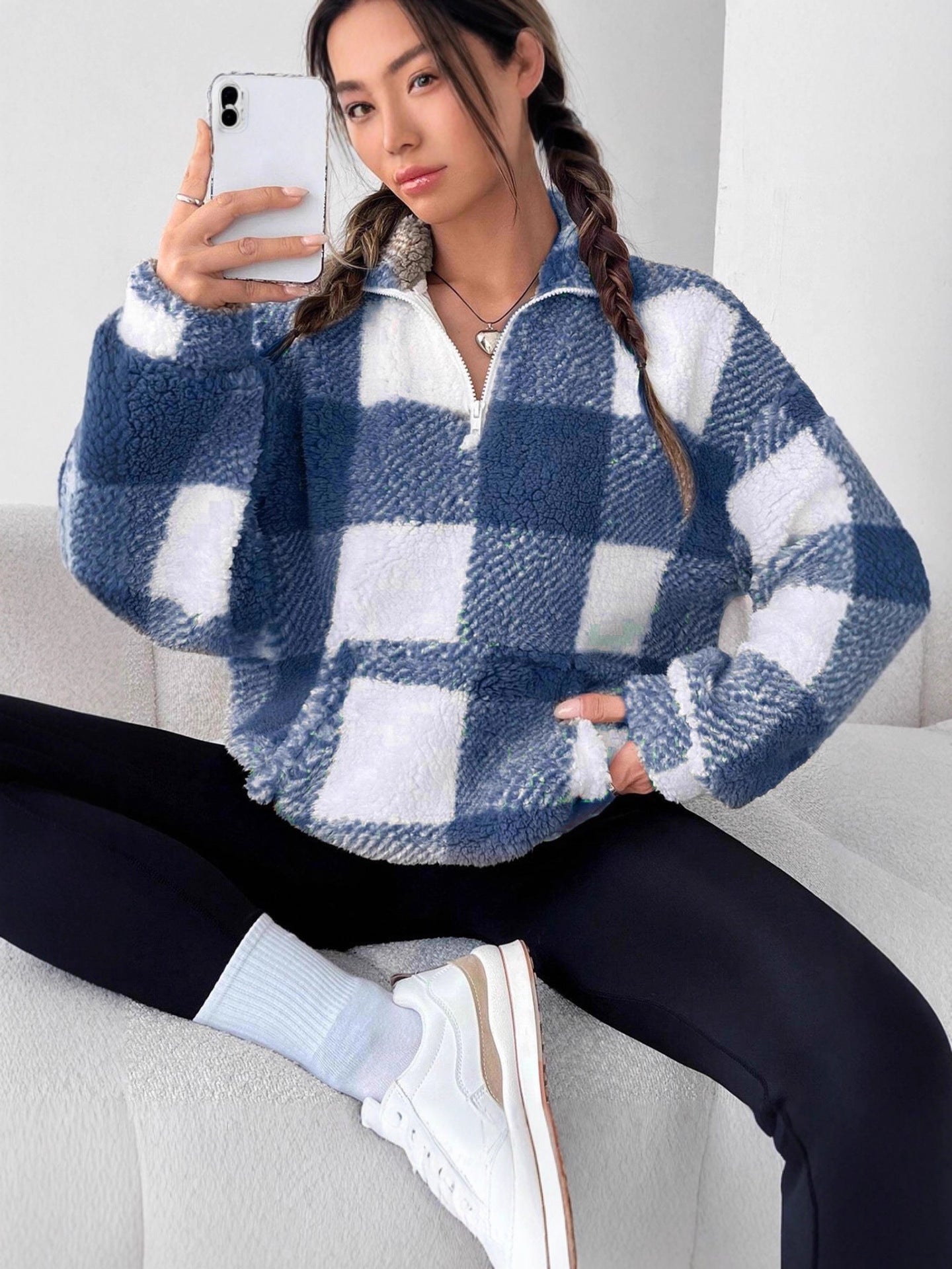 Plaid Half Open Collar Plush Sweatshirt