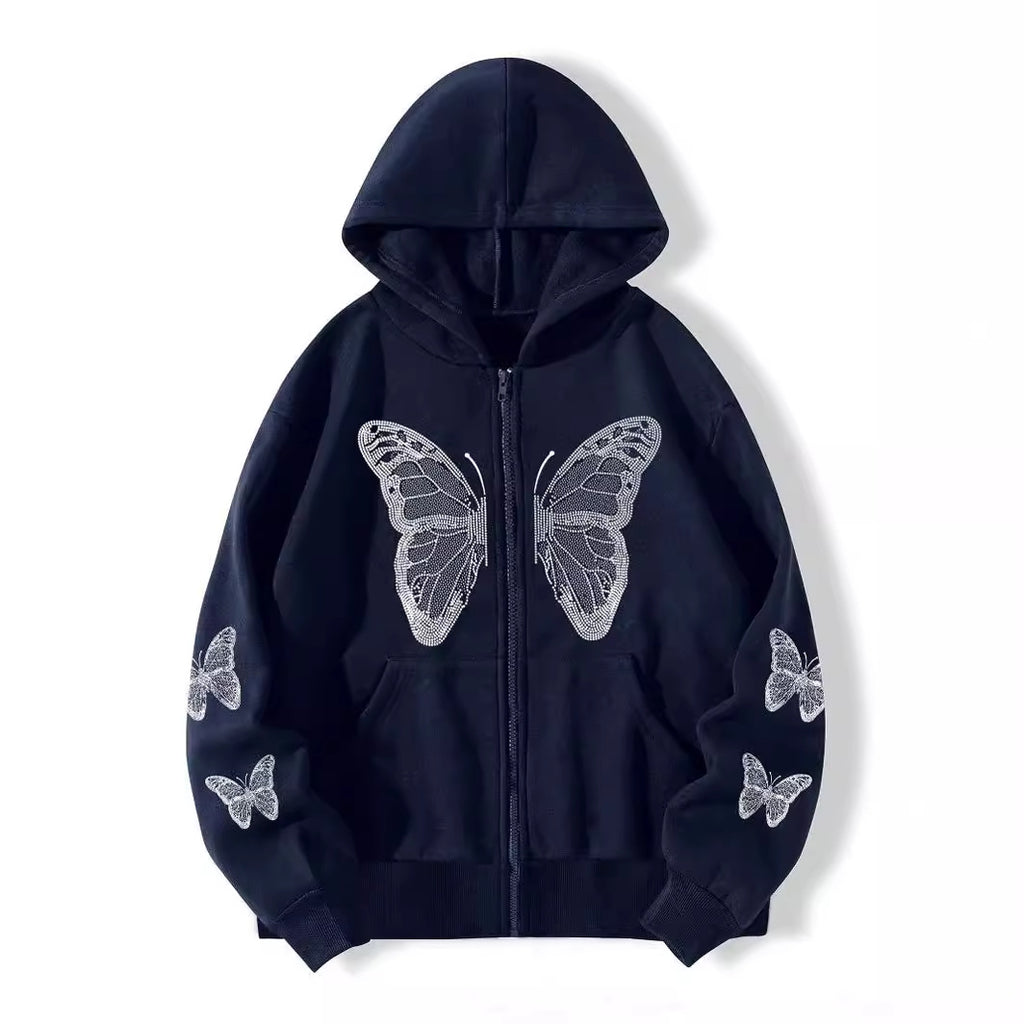 Butterfly Print Fleece Hooded Sweatshirt