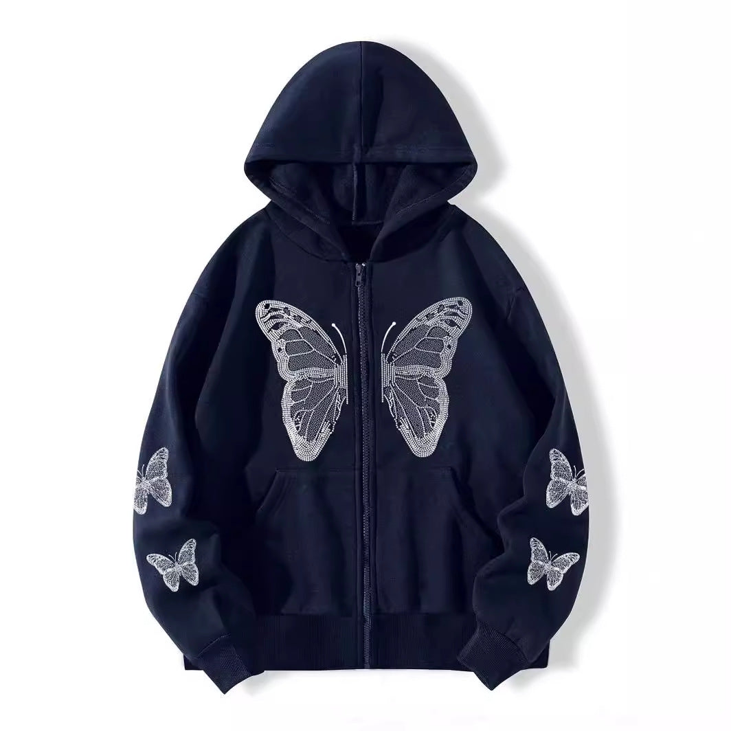 Butterfly Print Fleece Hooded Sweatshirt
