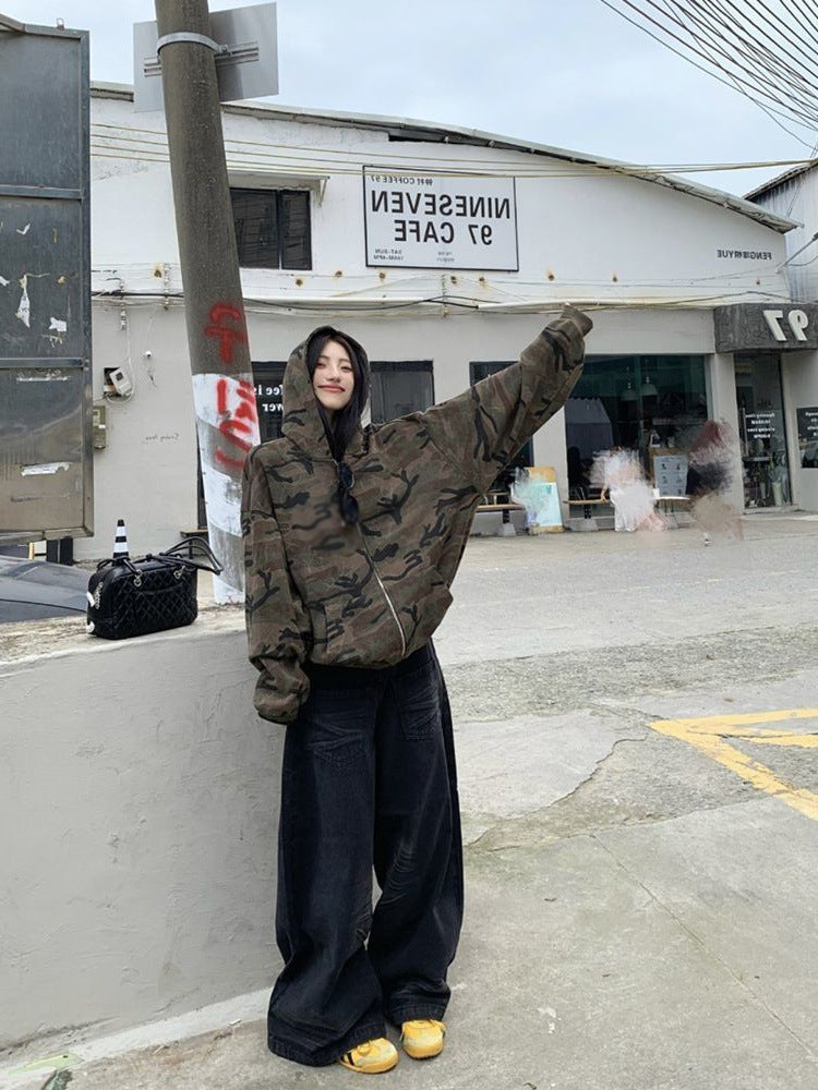 Retro Camouflage Hooded Zipper Jacket