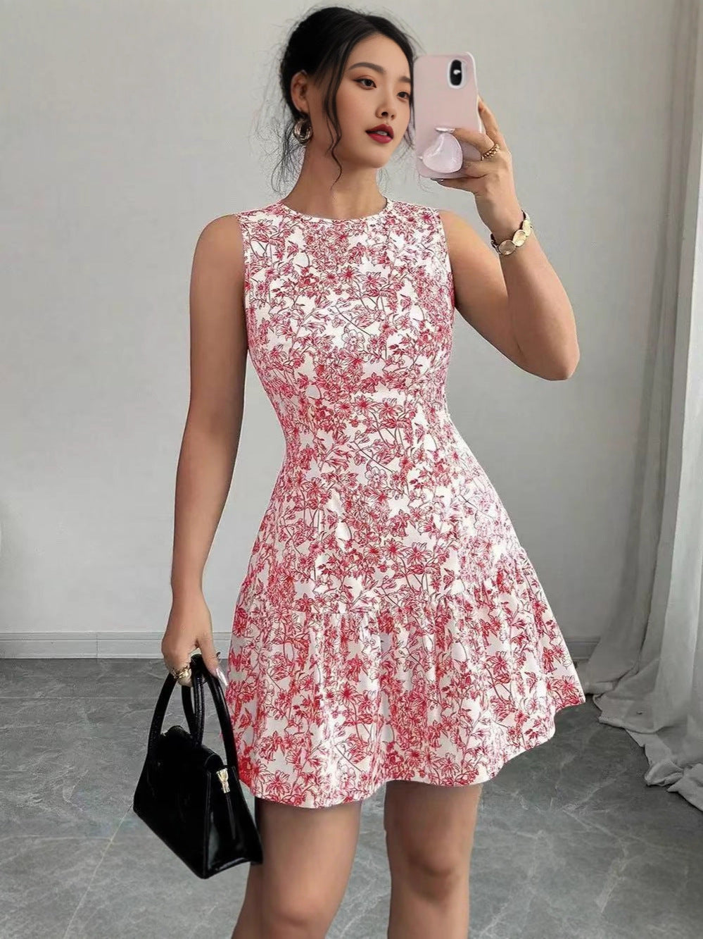 Floral Print Sleeveless Cake Skirt Dress