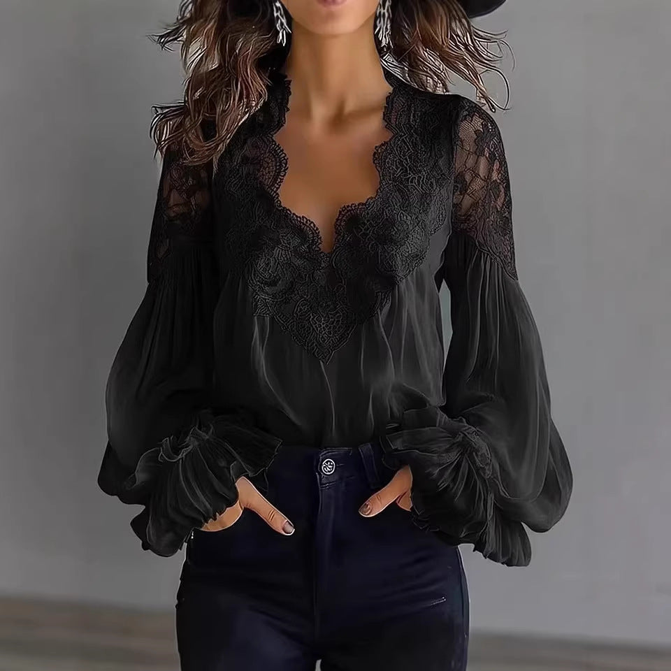 Lace Patchwork Puff Sleeve Pleated Blouse