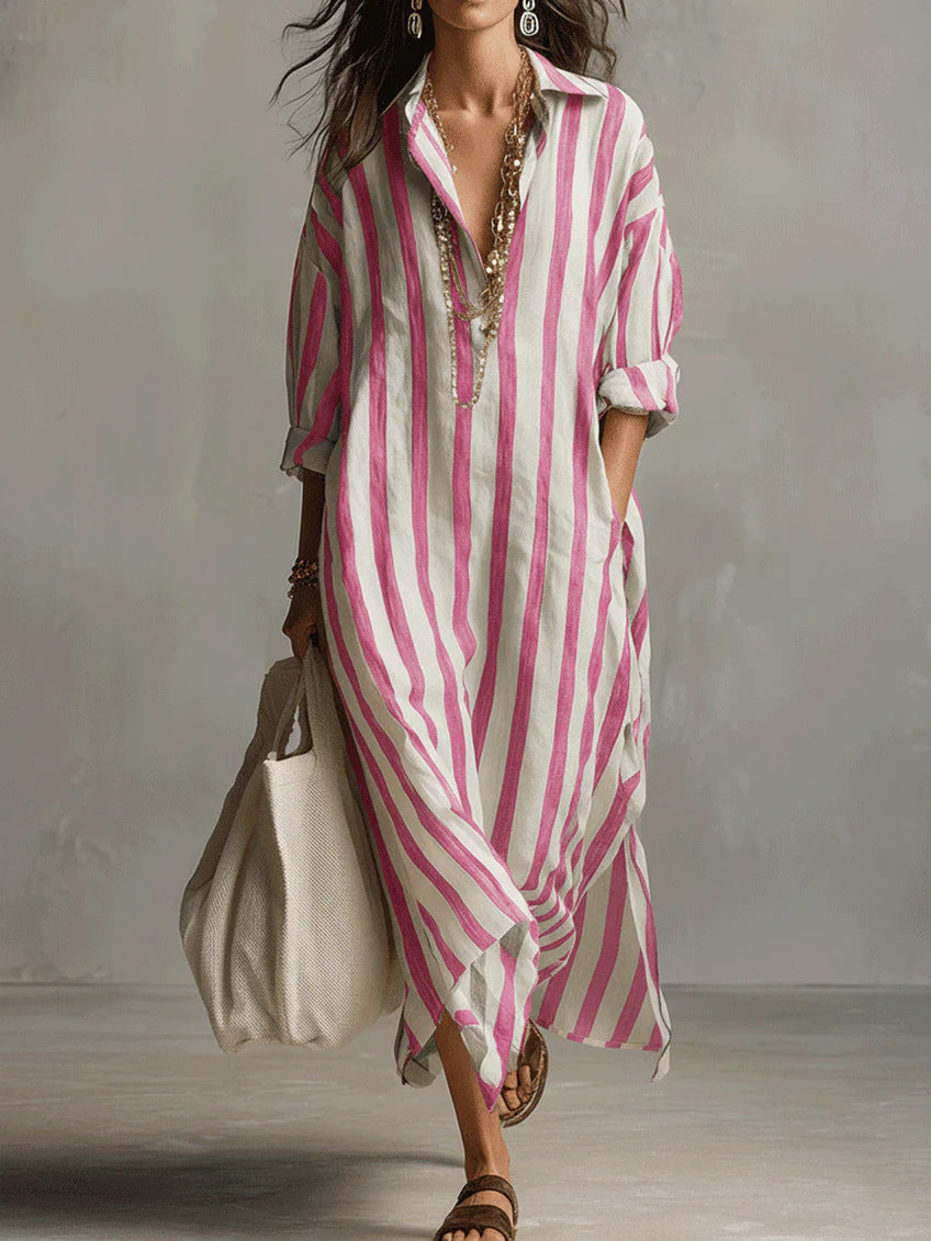Loose V-Neck Striped Shirt Dress