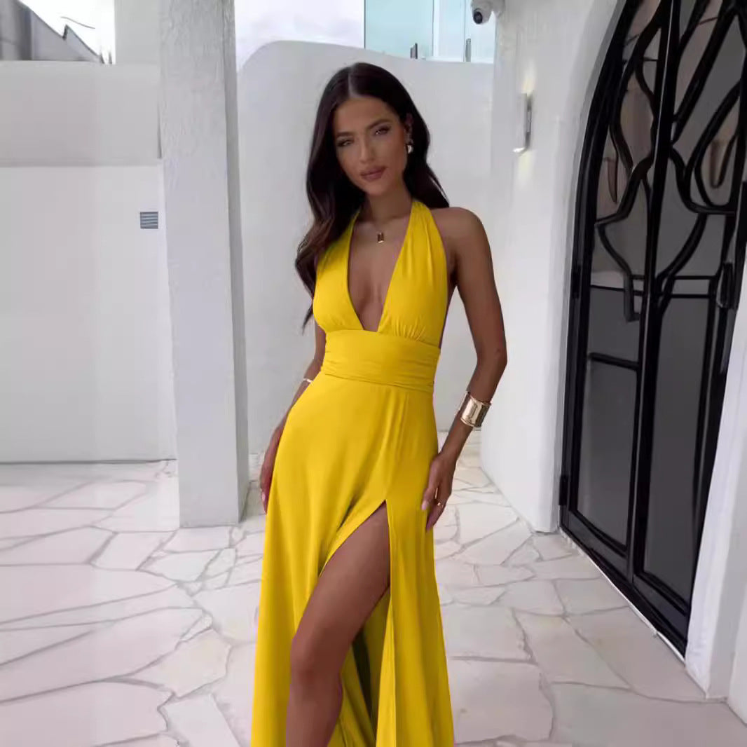 Halter Neck V-Neck Slit Long Dress