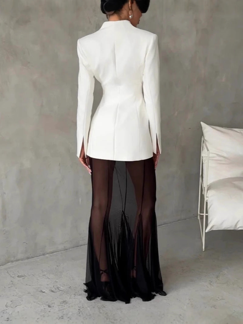 Mesh See-Through Skirt with Lapel Suit