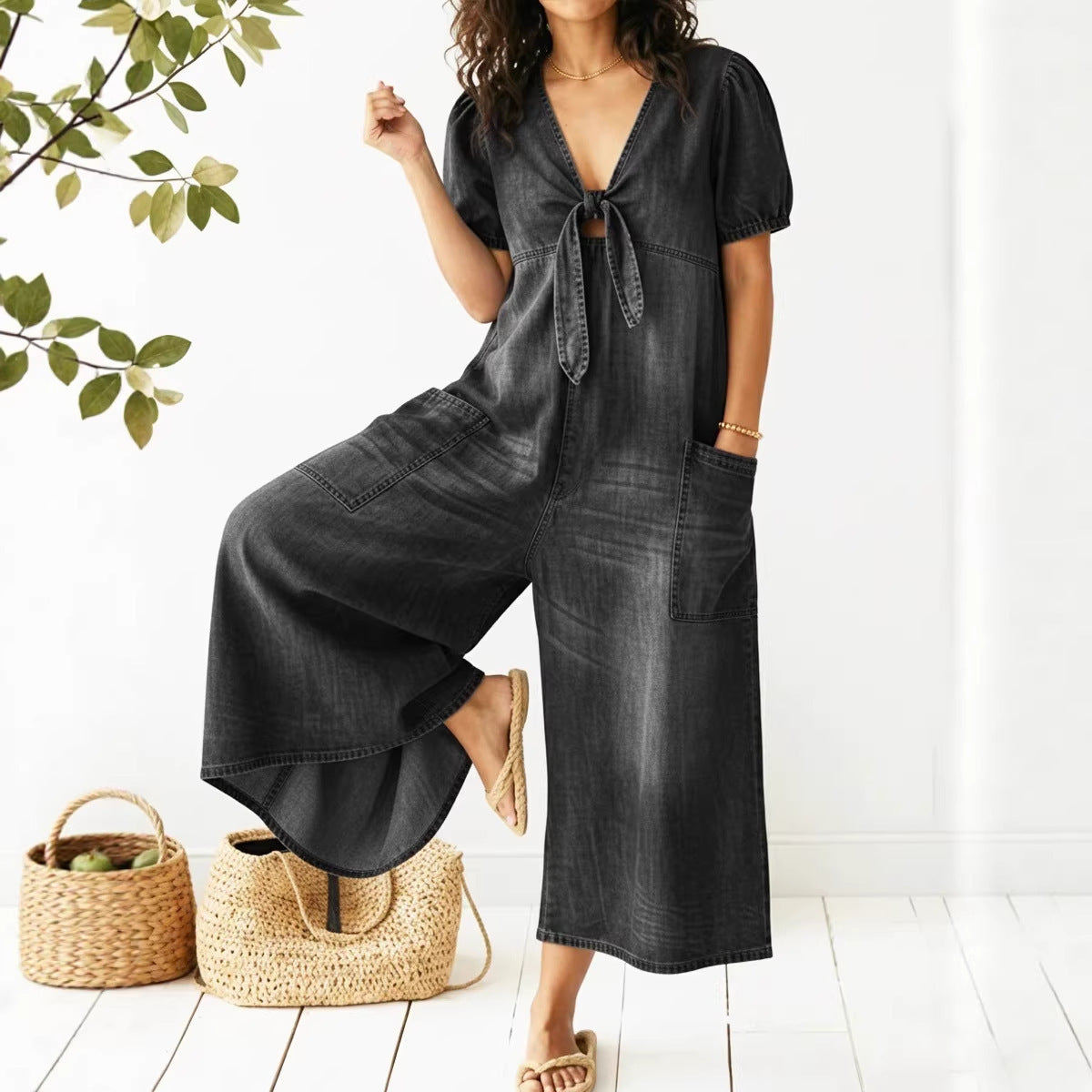 Women's Denim V-Neck Jumpsuit