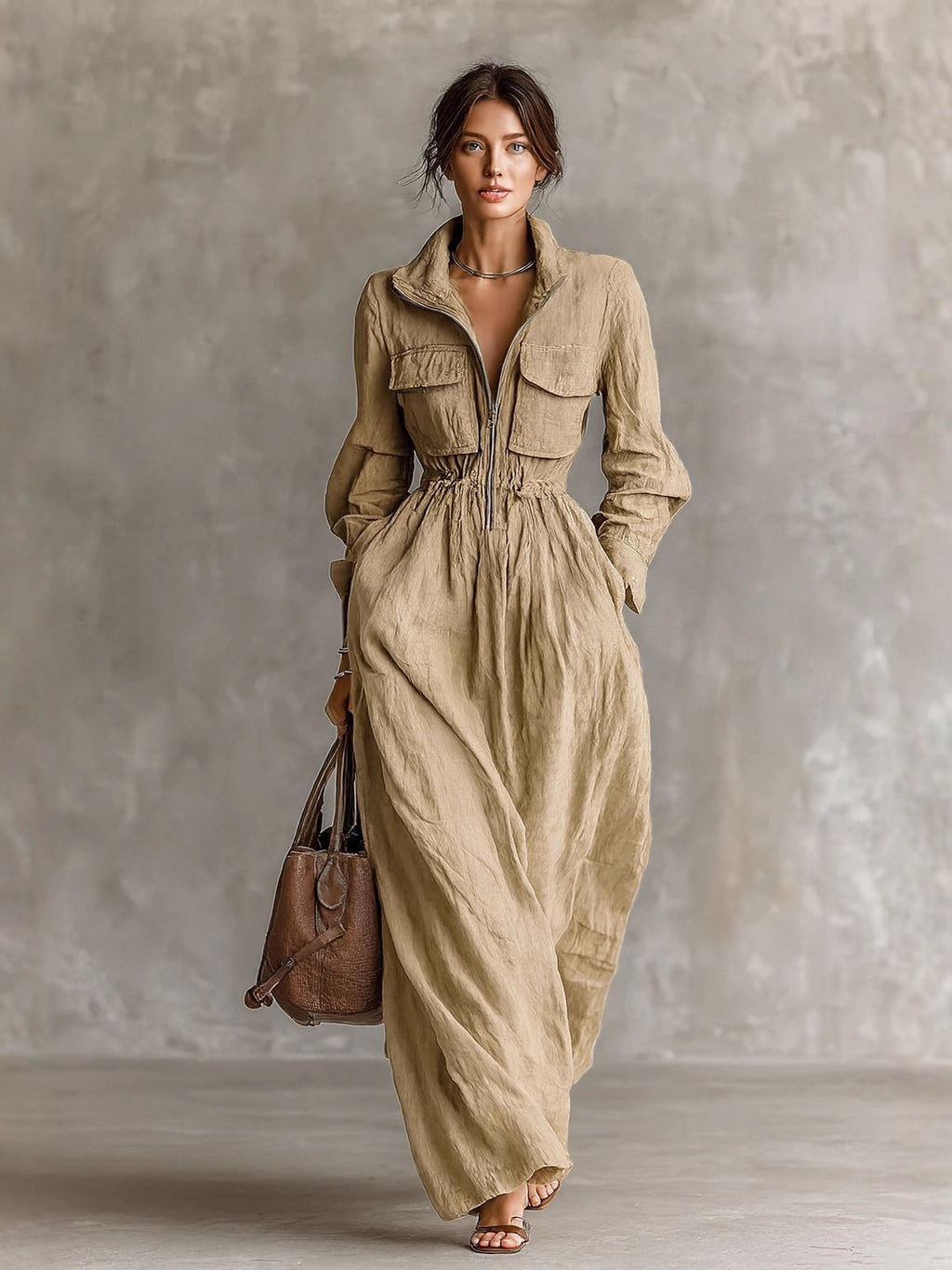 Women's Zip-Up Lapel Long Dress