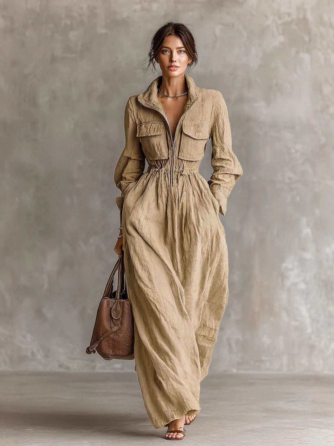 Women's Zip-Up Lapel Long Dress