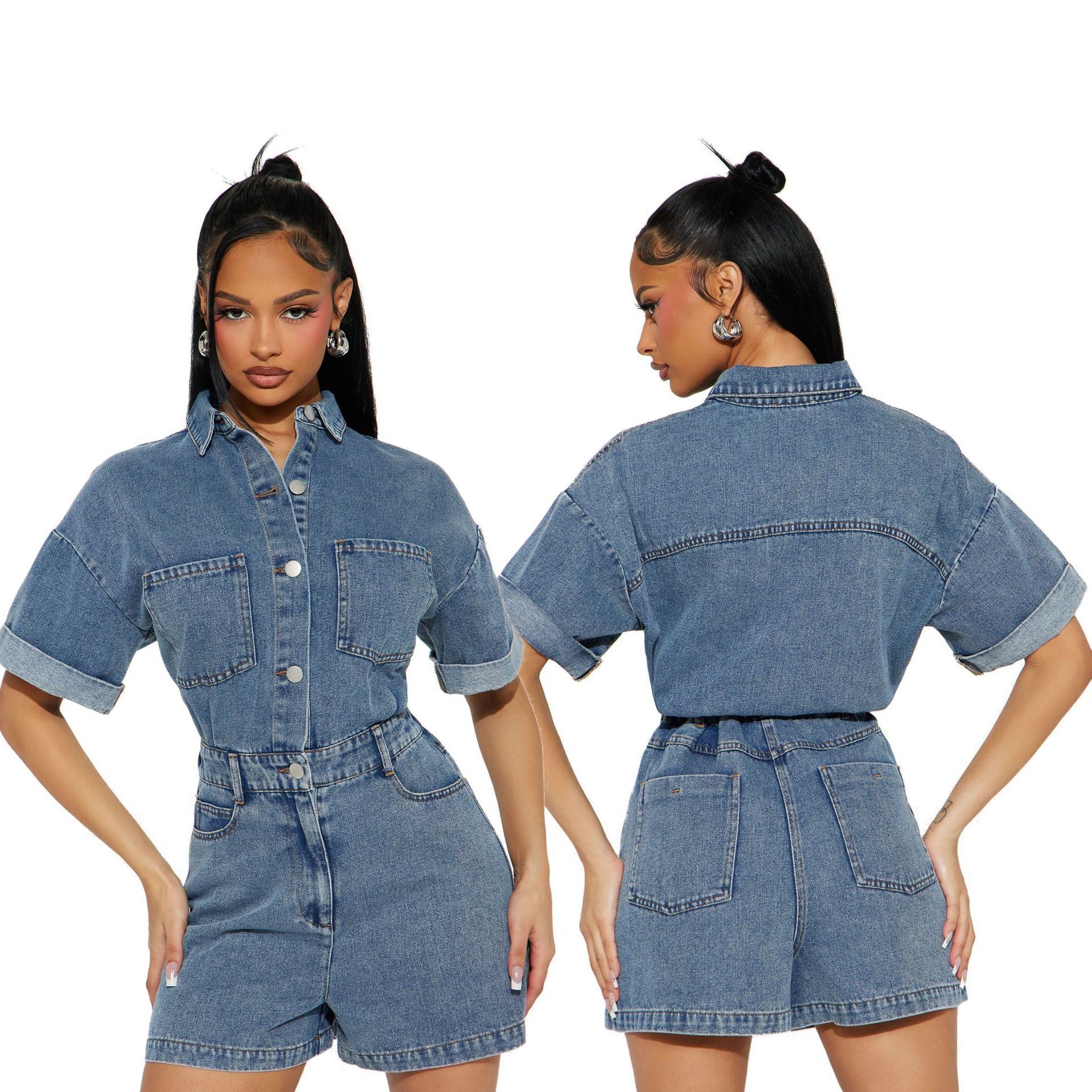 Women's Denim Jumpsuit with Stretch Waist