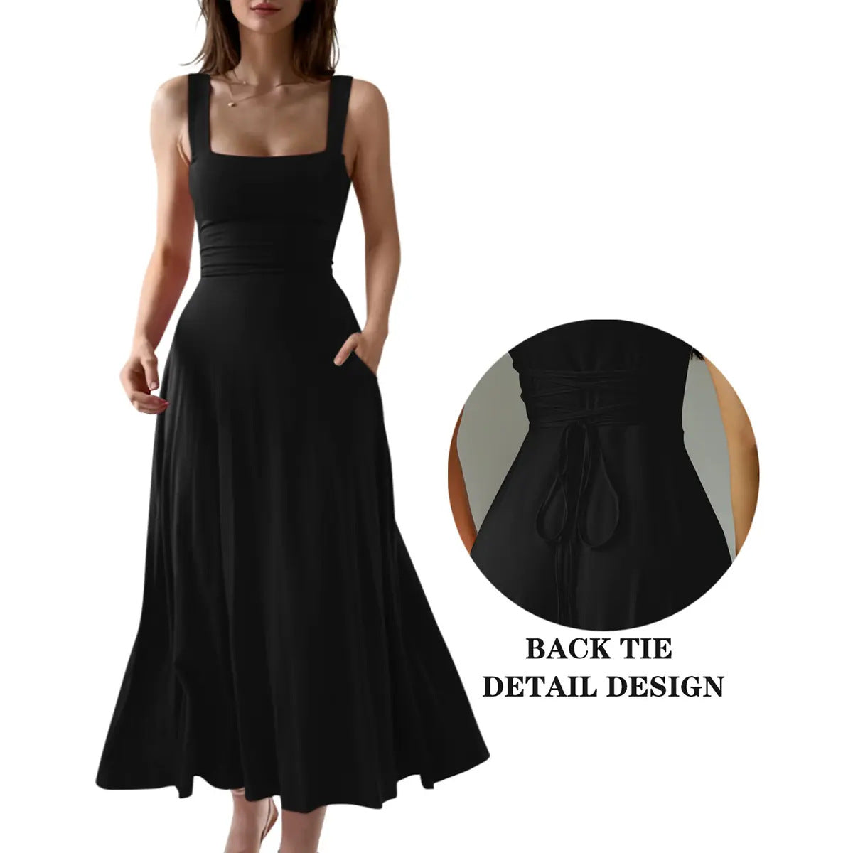Elegant Thick Strap Square Neck Long Dress