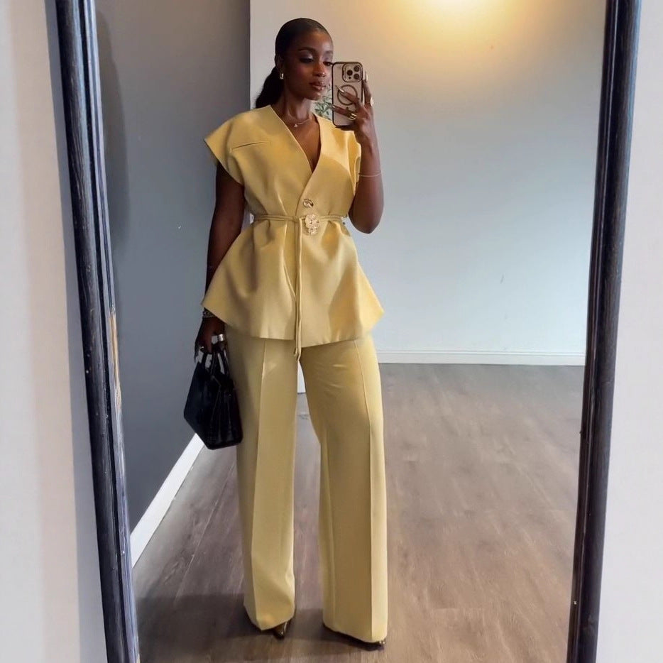 Womens V-Neck Sleeveless Top and Wide-Leg Pants
