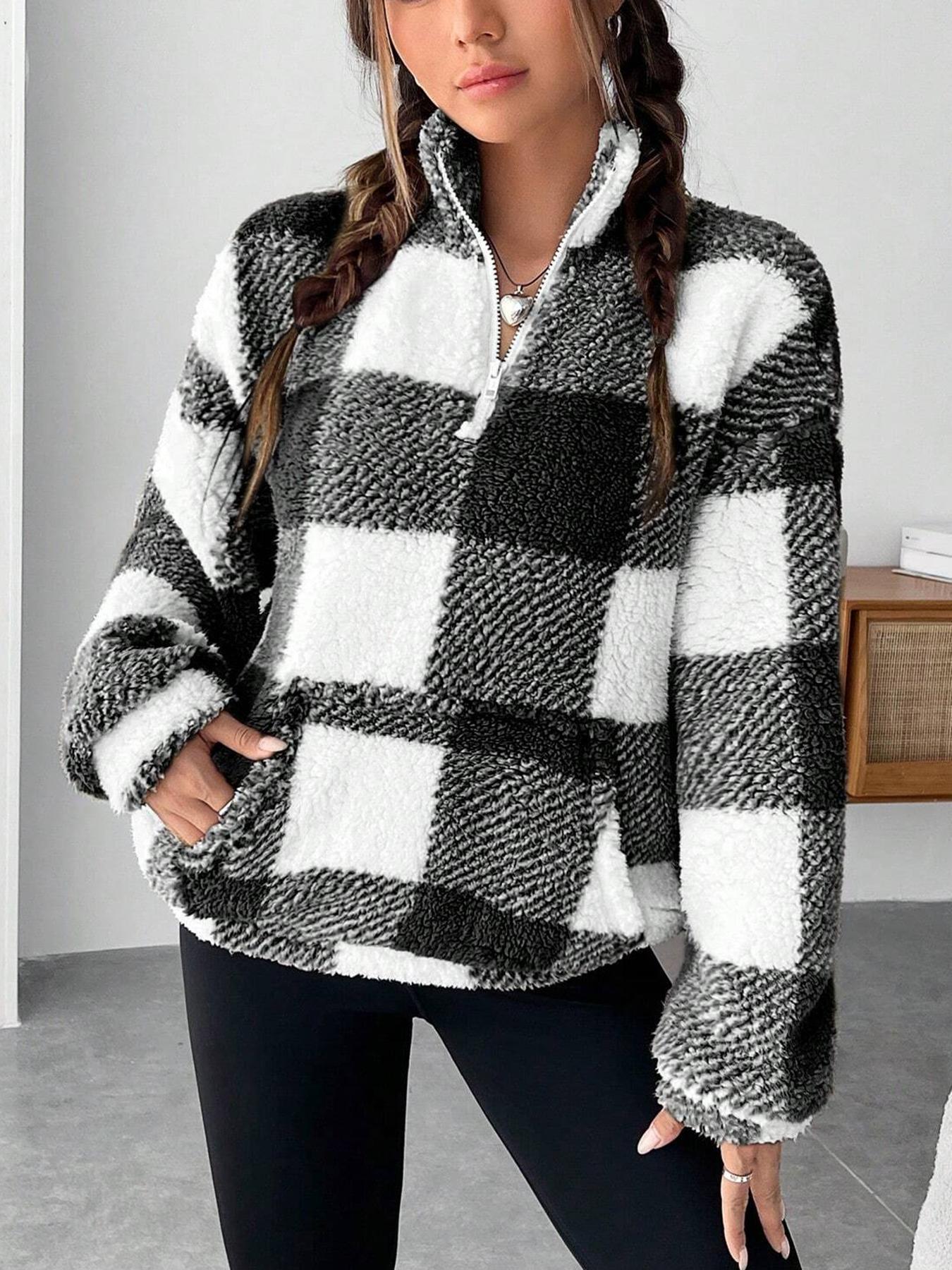 Plaid Half Open Collar Plush Sweatshirt