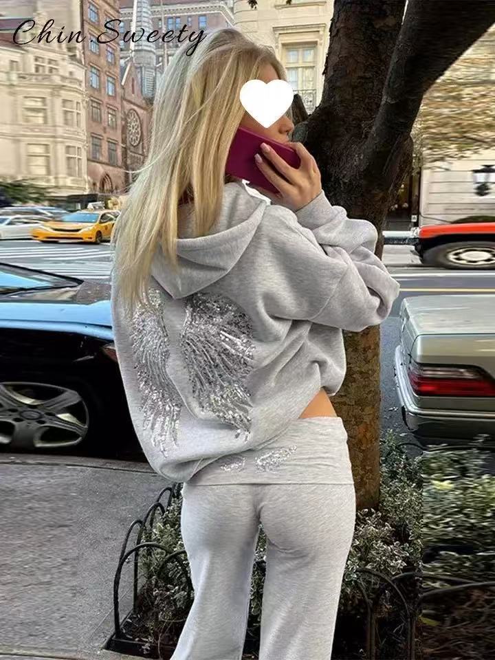 Sweet & Spicy Style Wings Sequin Casual Hoodie and Trousers
