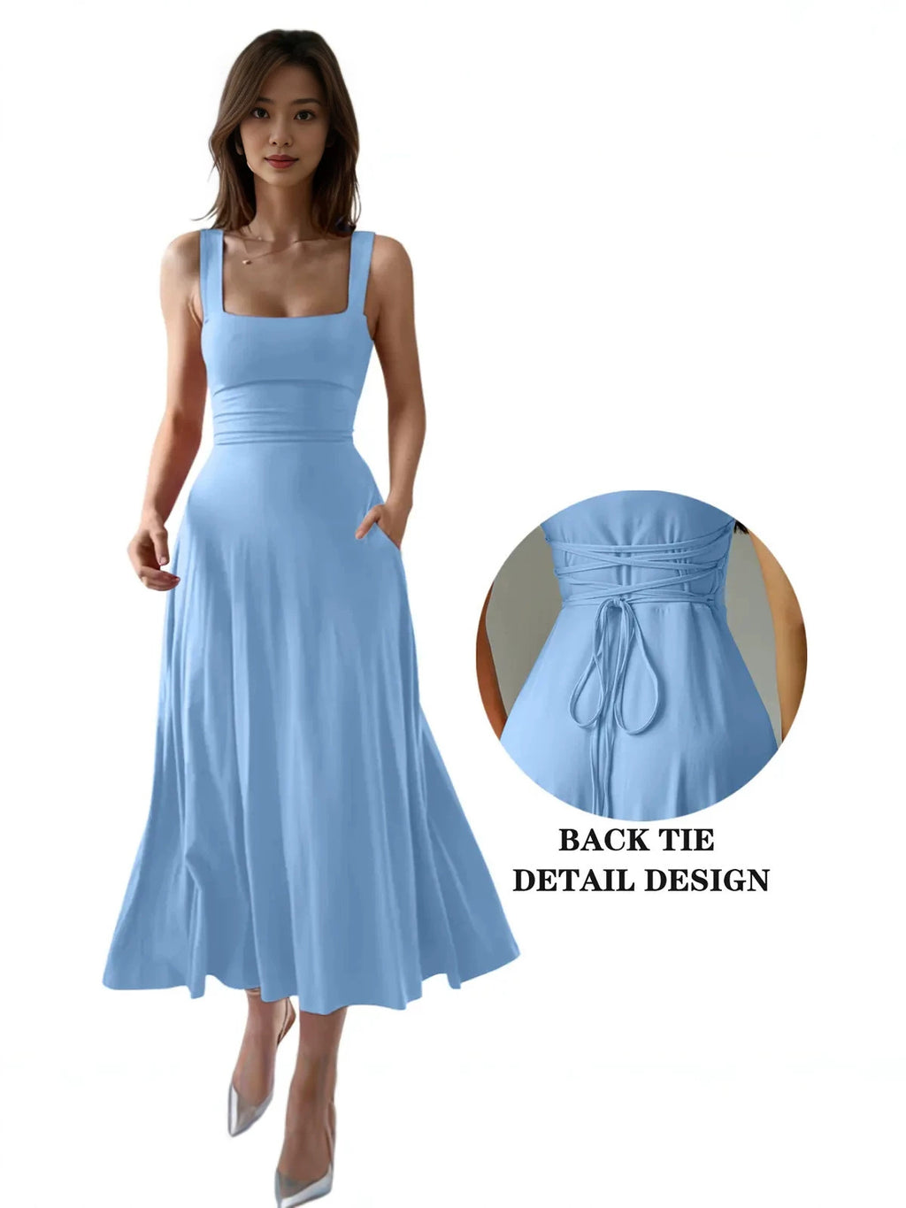 Elegant Thick Strap Square Neck Long Dress