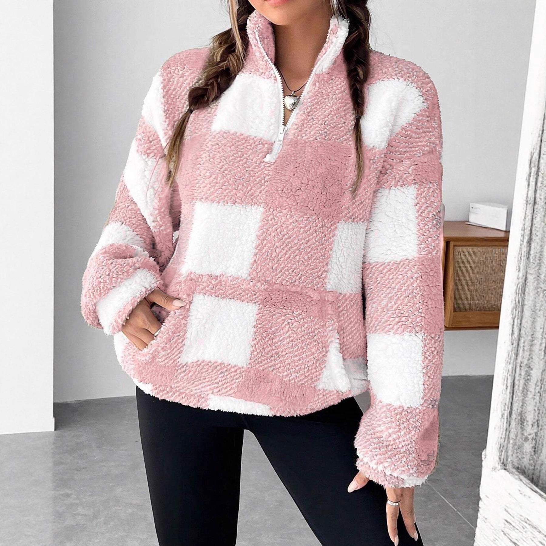 Plaid Half Open Collar Plush Sweatshirt