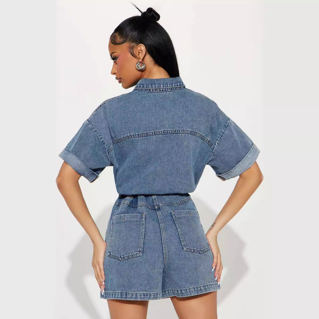 Women's Denim Jumpsuit with Stretch Waist
