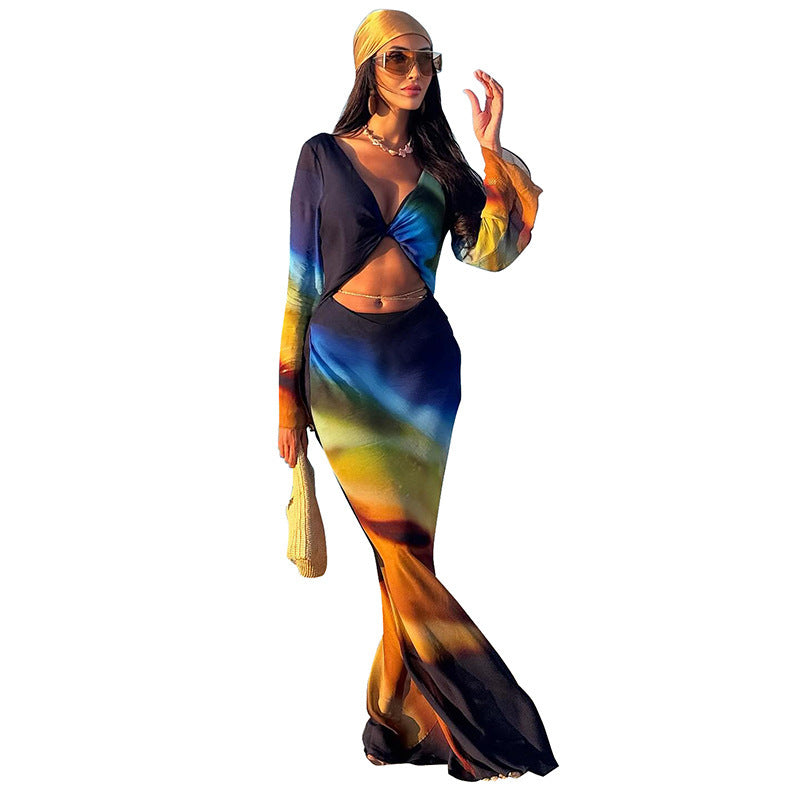Tie-Dye Mesh Long Sleeve Backless Dress