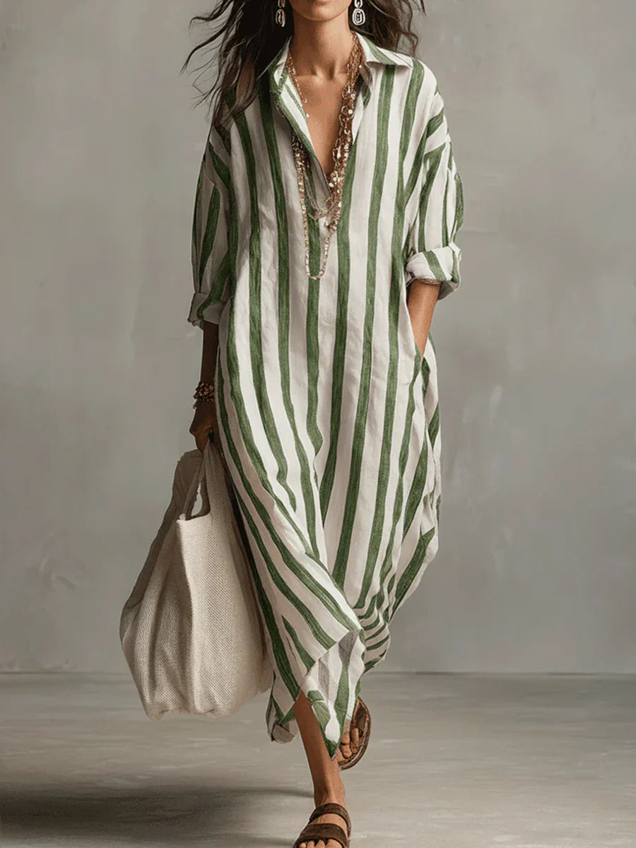 Loose V-Neck Striped Shirt Dress