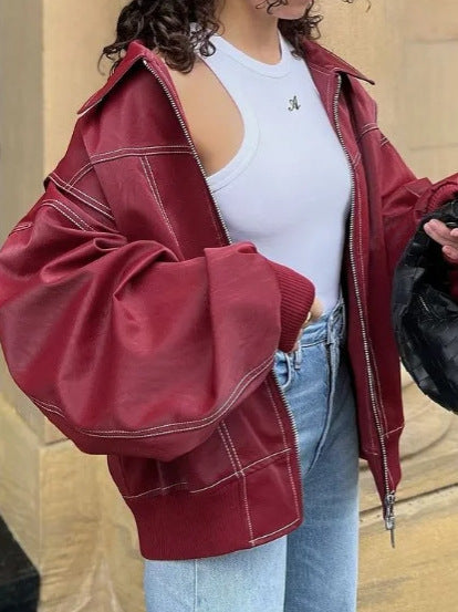 Retro Loose Fit Lapel Zipper Jacket
