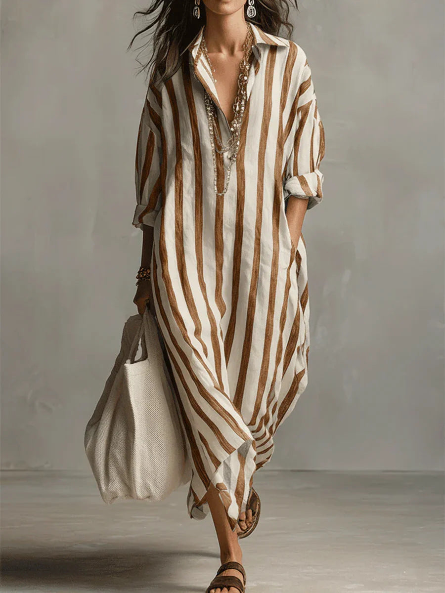 Loose V-Neck Striped Shirt Dress