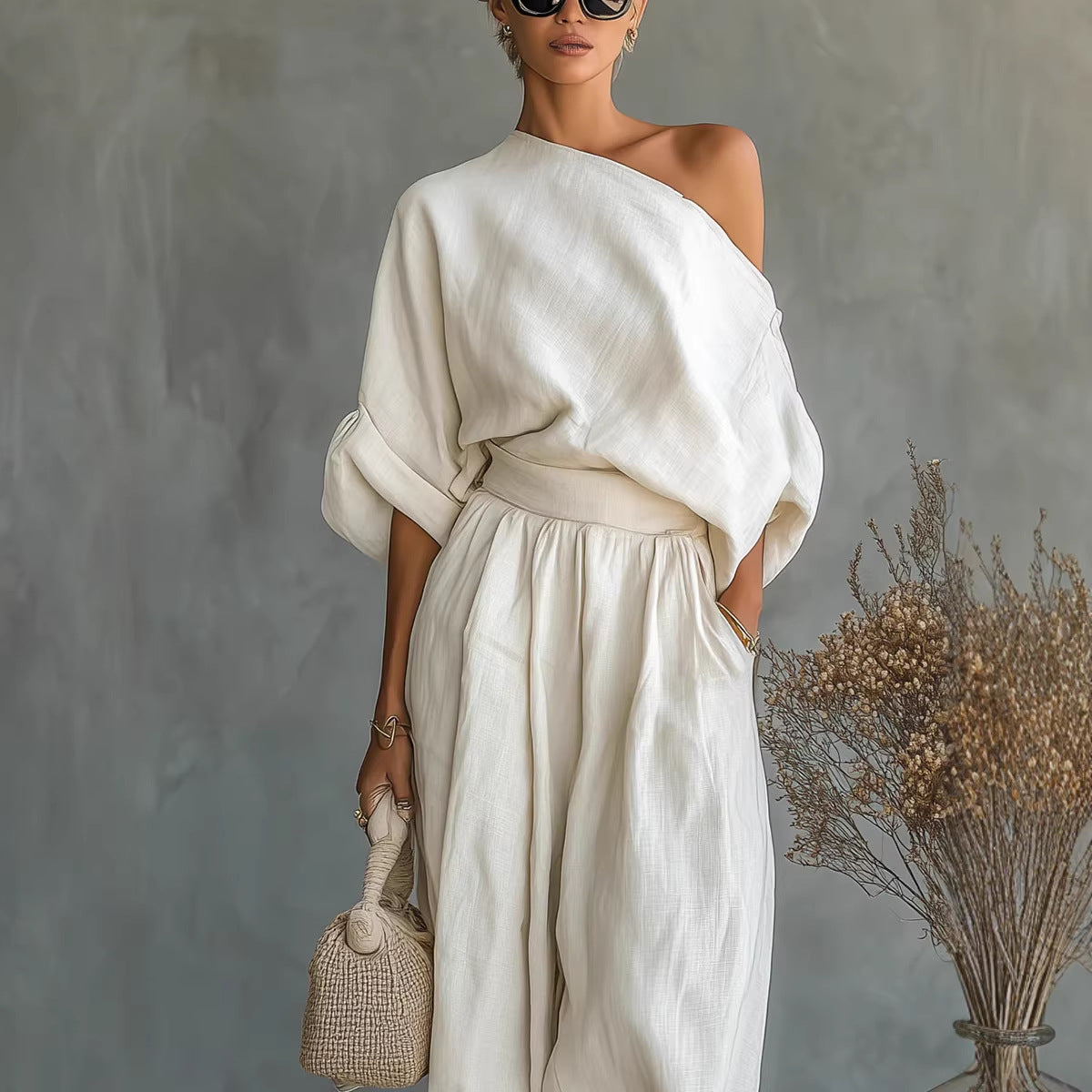 Womens Cotton Linen Wide Leg Pants Suit