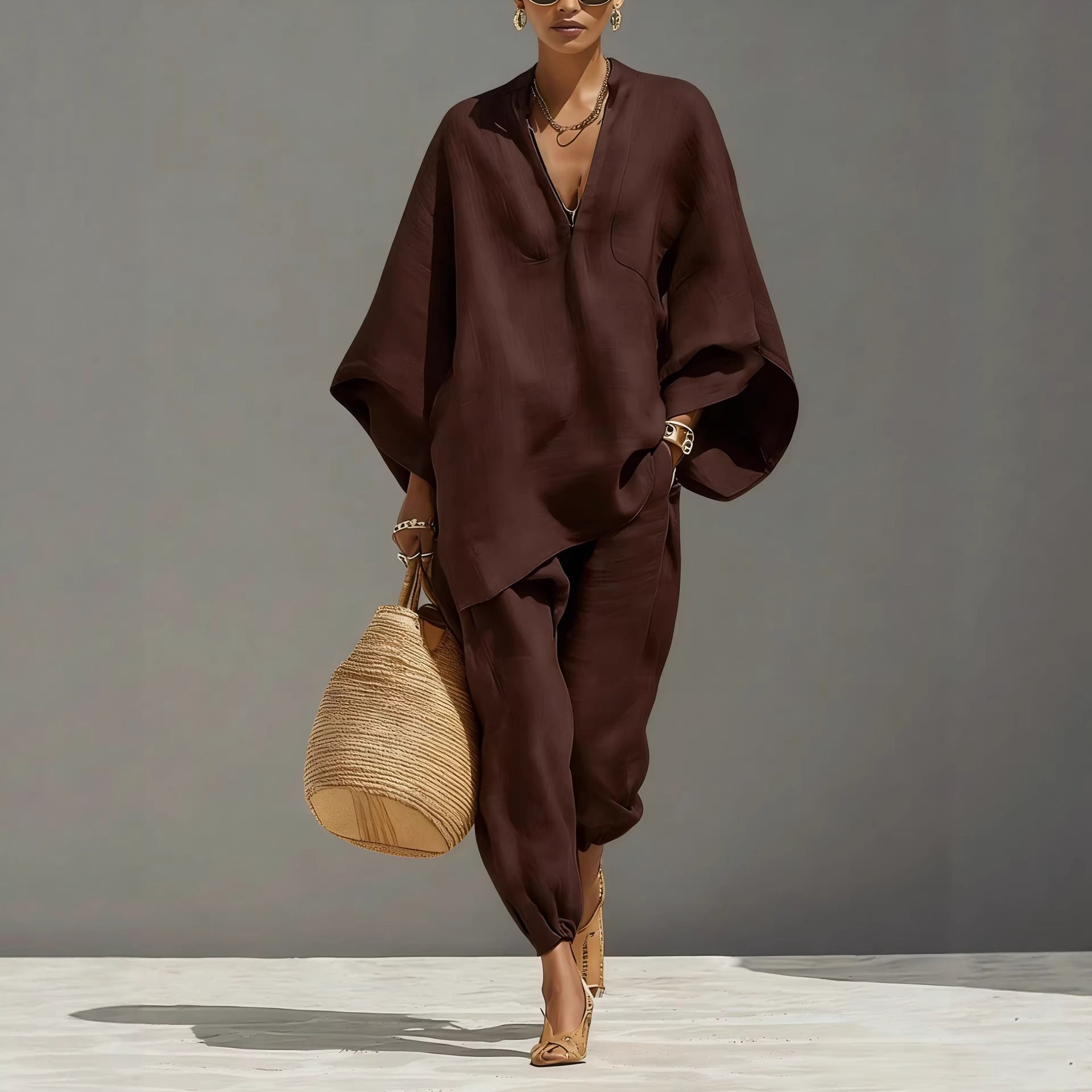 Womens Batwing Sleeve Casual Shirt Set