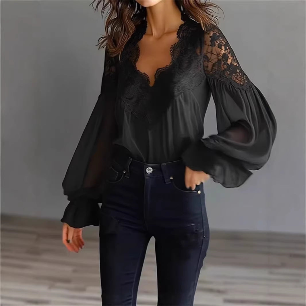 Lace Patchwork Puff Sleeve Pleated Blouse