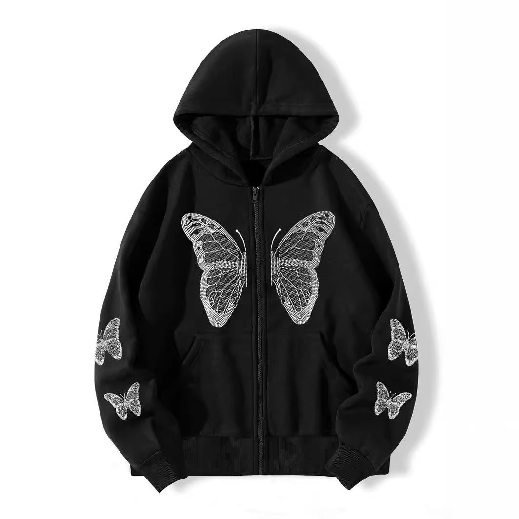 Butterfly Print Fleece Hooded Sweatshirt