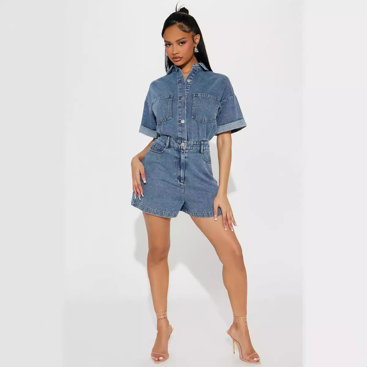 Women's Denim Jumpsuit with Stretch Waist