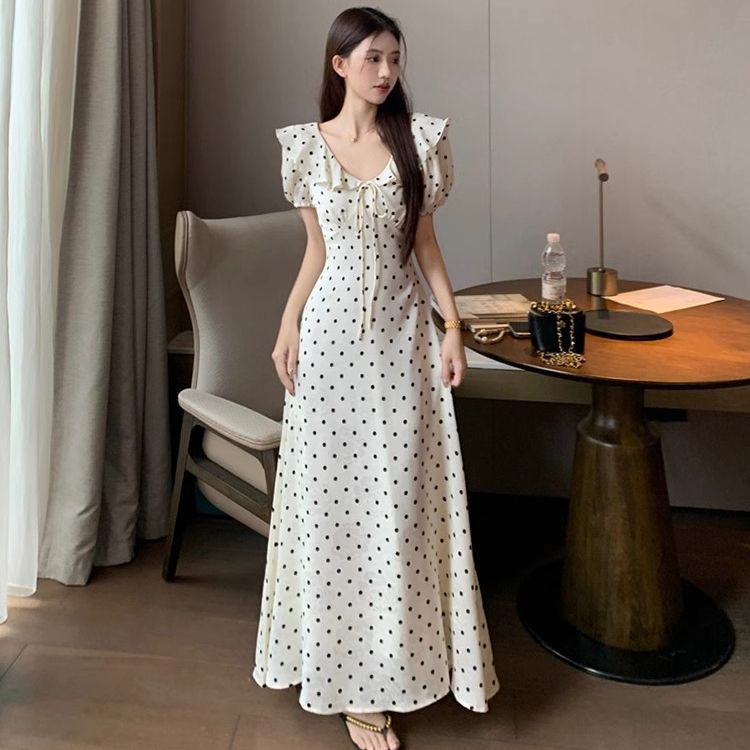 French Lace-Up Puff Sleeve Polka Dot Dress