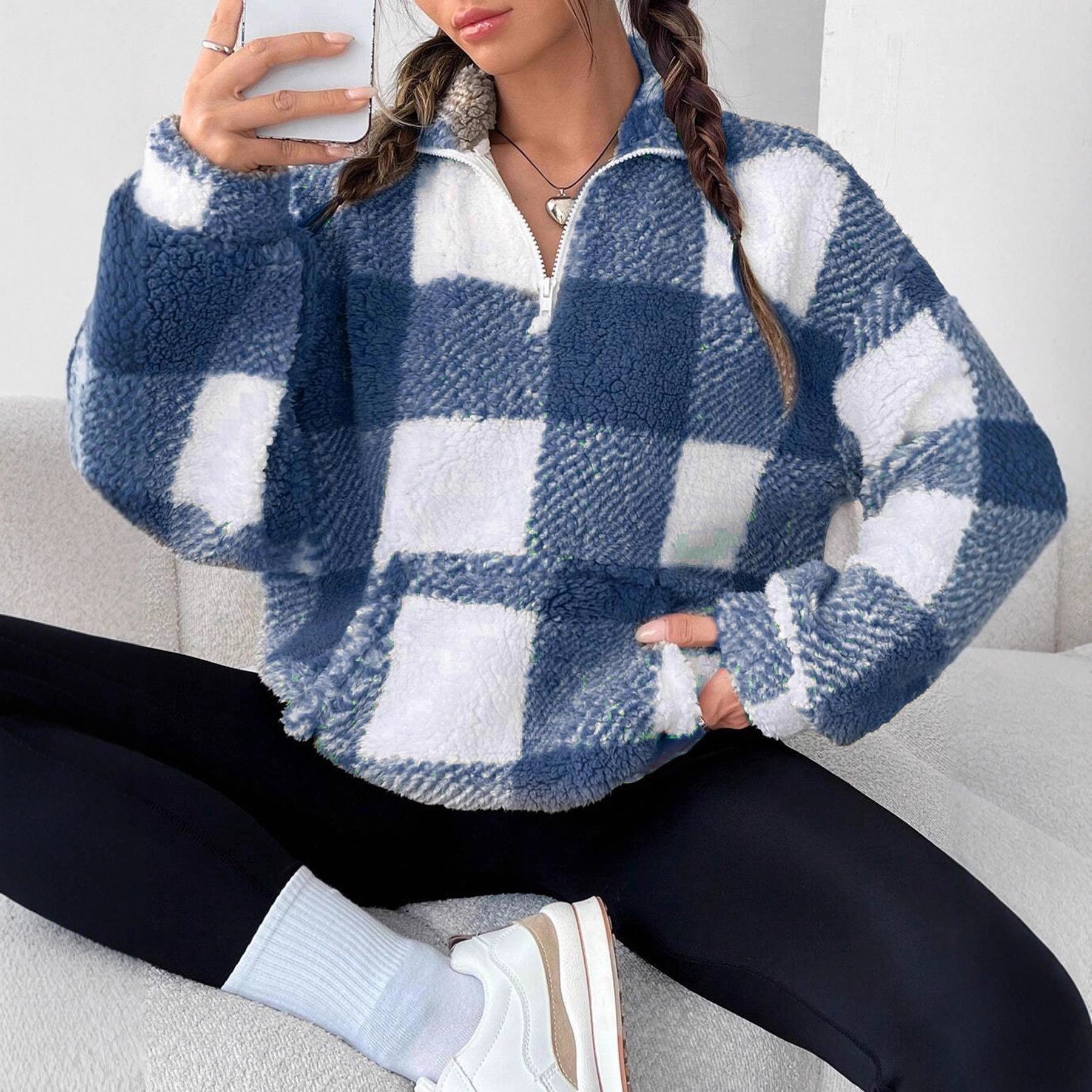 Plaid Half Open Collar Plush Sweatshirt