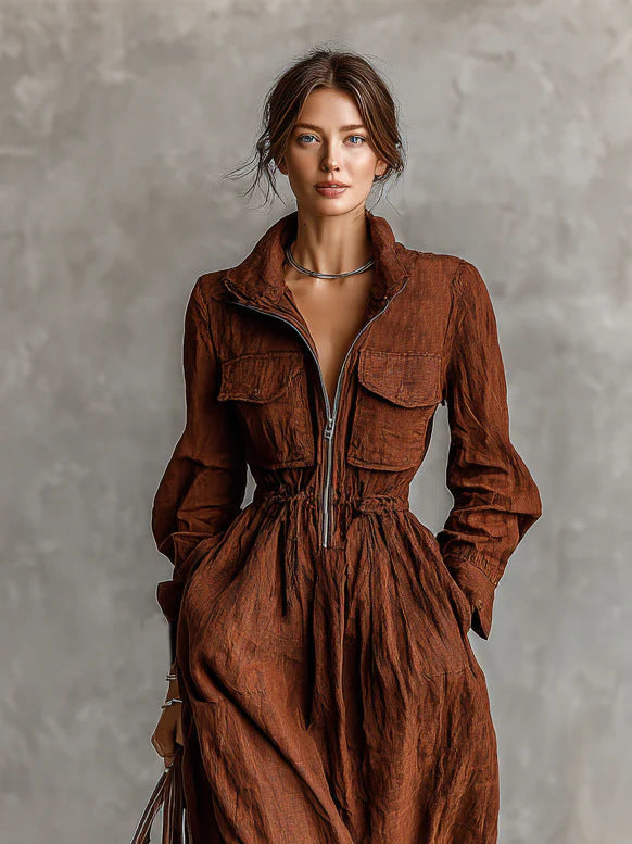 Women's Zip-Up Lapel Long Dress