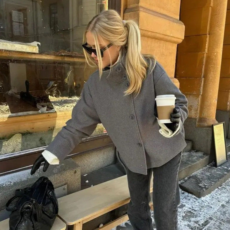 Short wool-blend single-breasted coat with a stand-up collar