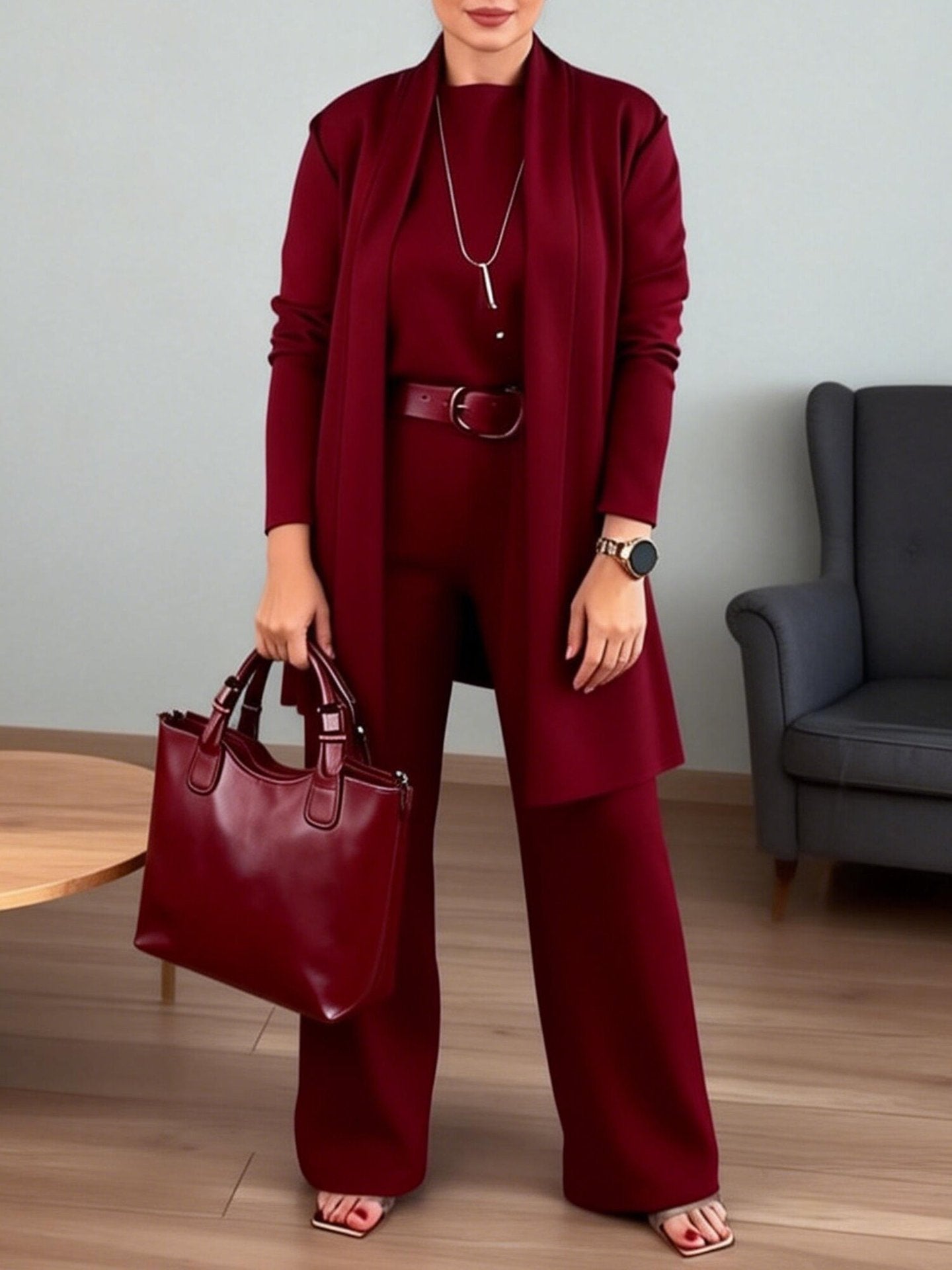 Women Knit Three Piece Cardigan and Pants Outfit