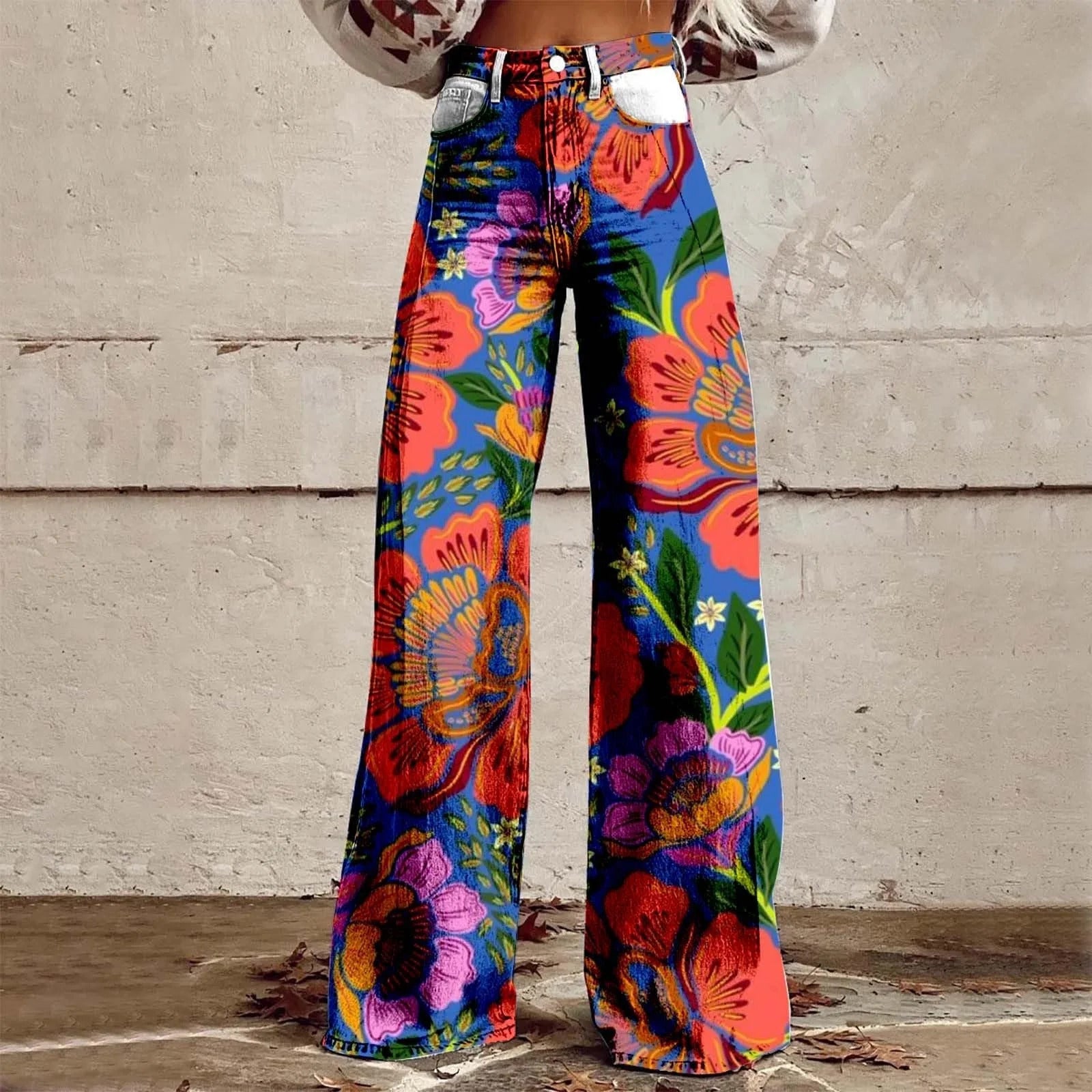 Women's 3D Printed Faux Denim Wide-Leg Pants