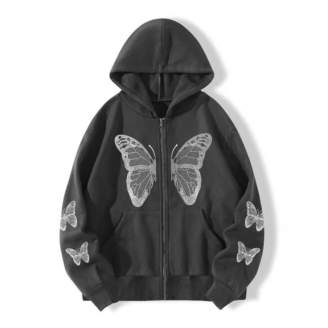 Butterfly Print Fleece Hooded Sweatshirt