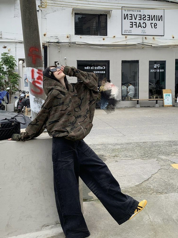 Retro Camouflage Hooded Zipper Jacket