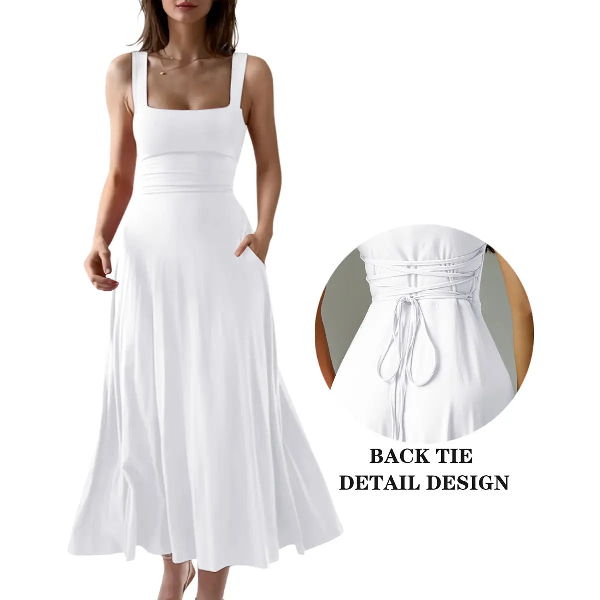 Elegant Thick Strap Square Neck Long Dress