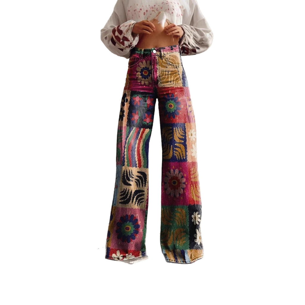 Women's 3D Printed Faux Denim Wide-Leg Pants