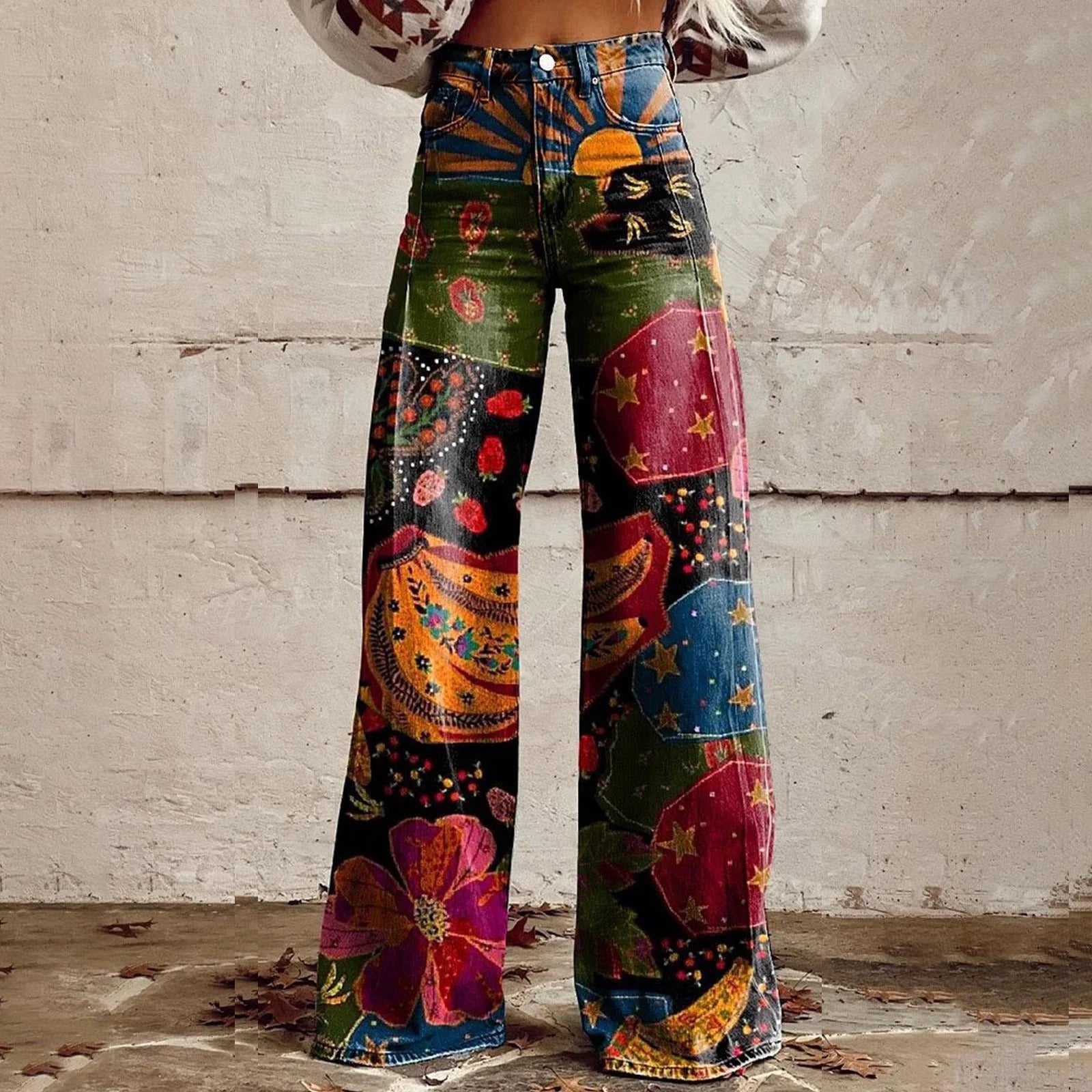 Women's 3D Printed Faux Denim Wide-Leg Pants