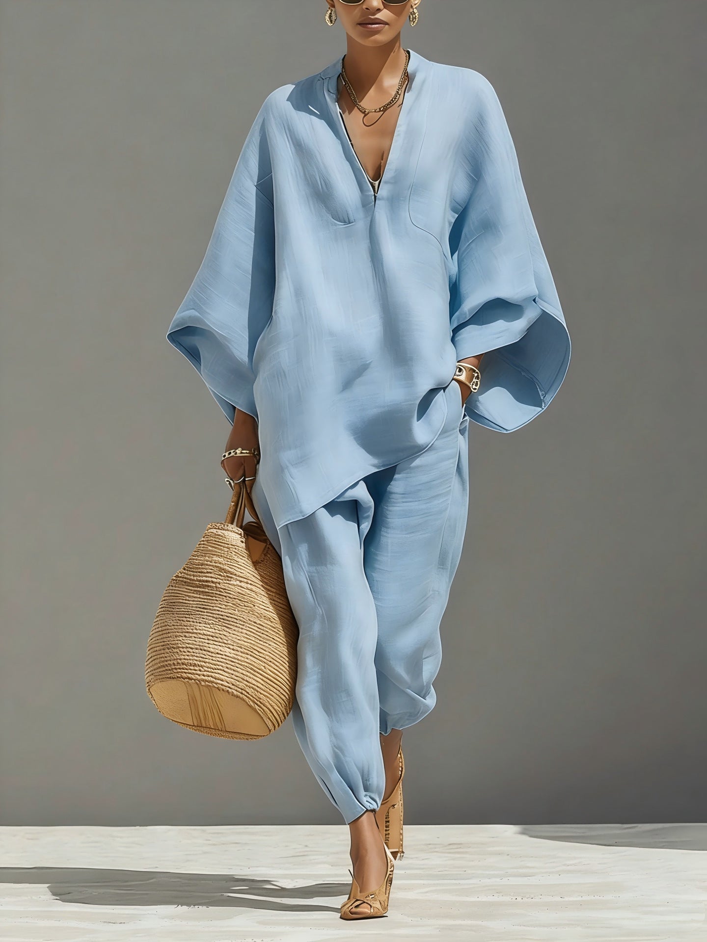 Womens Batwing Sleeve Casual Shirt Set